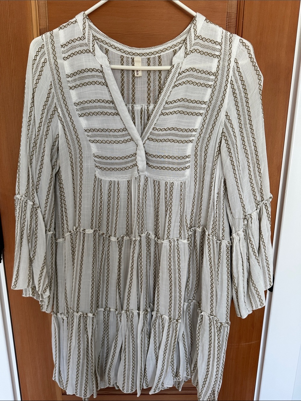 Embroidered Cream Tunic dress with Brown Geometric Trim